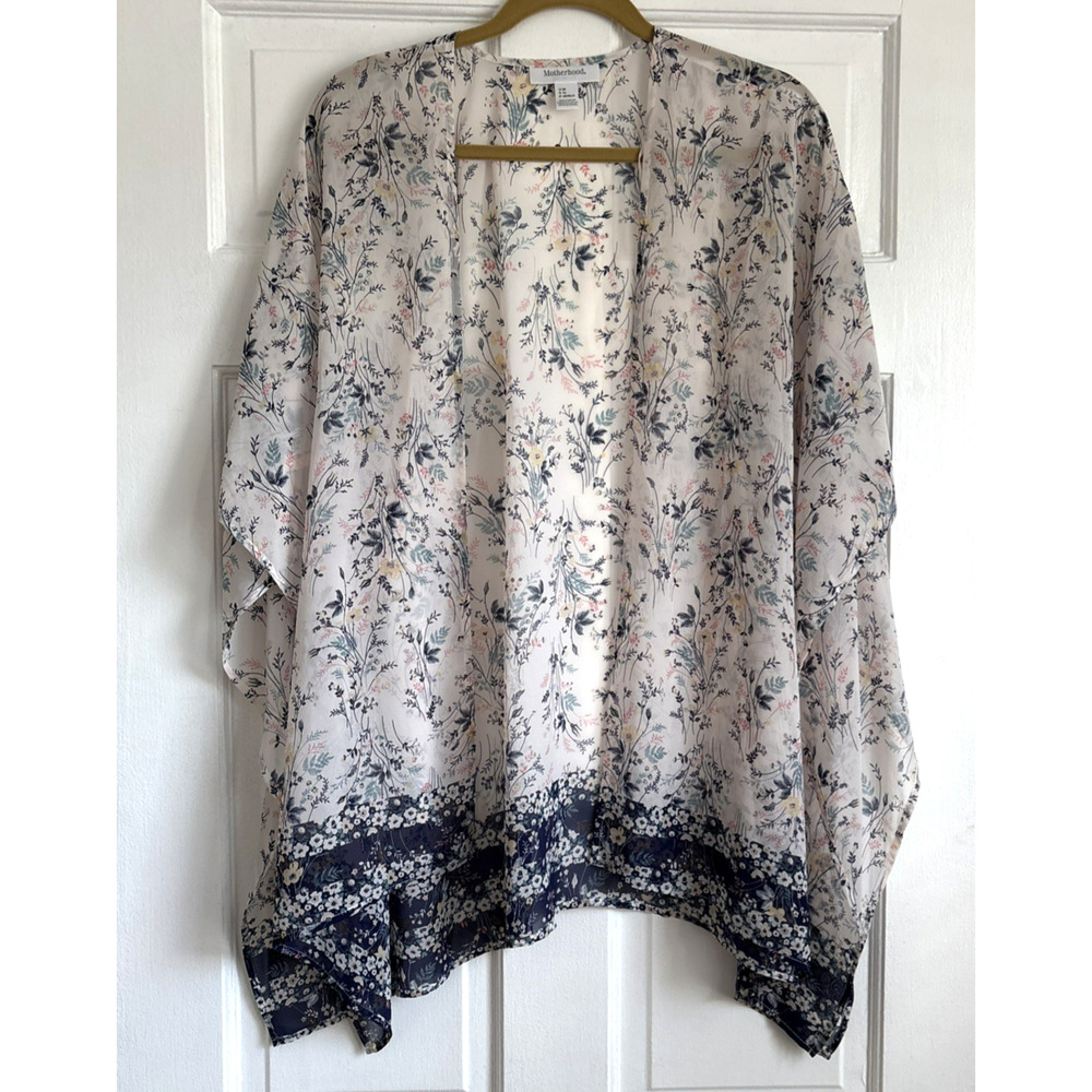 Motherhood Maternity Floral Kimono Wrap Navy Blue Cream Sheer Chiffon OS